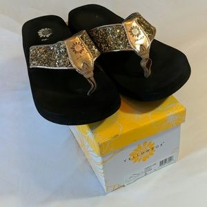 yellow box rose gold flip flops